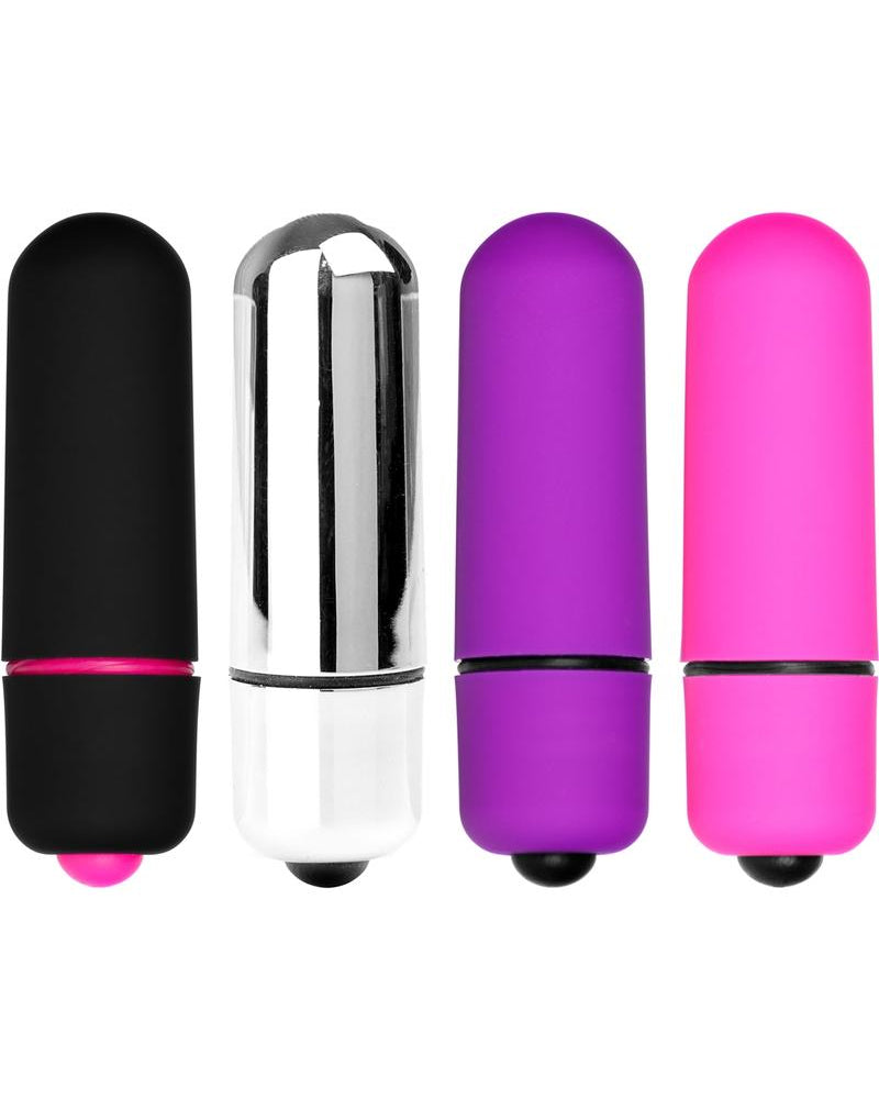 Vibradores Mini Bullet de Minx Bliss, resistentes al agua, colores surtidos, 32 unidades por recipiente