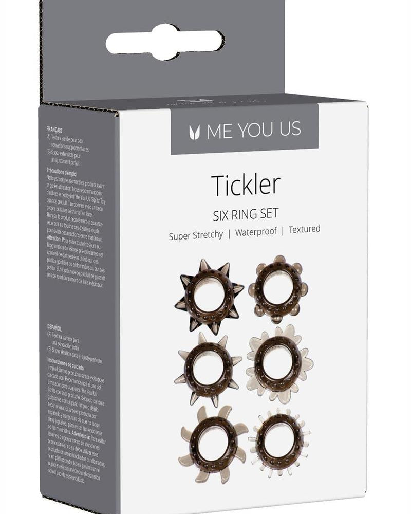 Juego de anillos para el pene Link Tickler con textura variada, resistentes al agua, color humo, 6 unidades por paquete