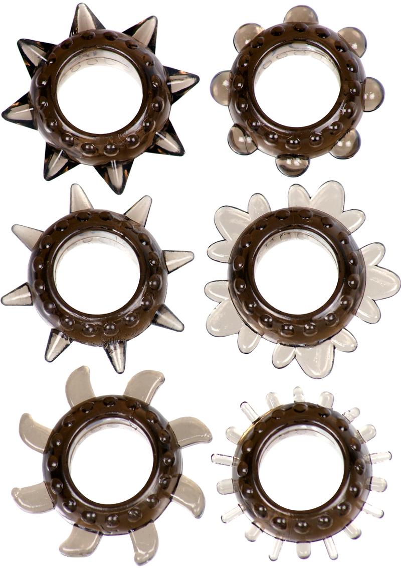 Juego de anillos para el pene Link Tickler con textura variada, resistentes al agua, color humo, 6 unidades por paquete