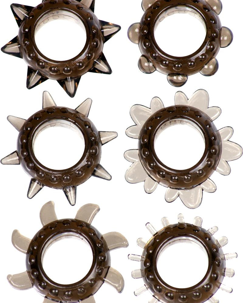 Juego de anillos para el pene Link Tickler con textura variada, resistentes al agua, color humo, 6 unidades por paquete