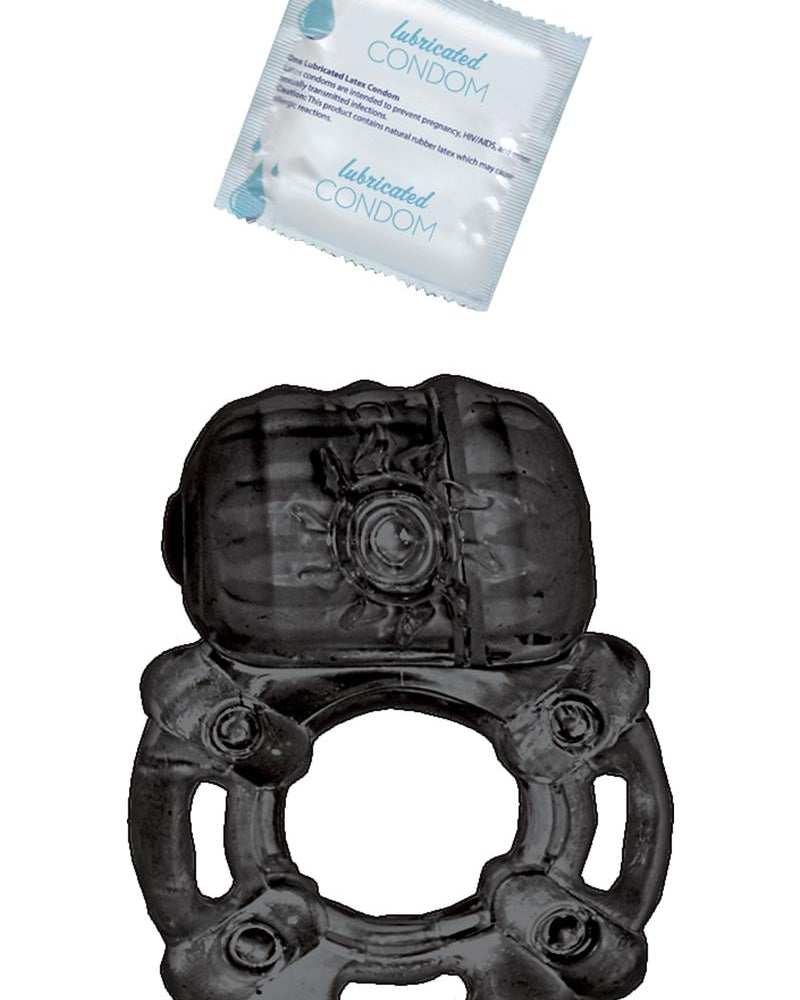 Anillo vibrador con preservativo lubricado que mantiene la erección pulsante en color negro