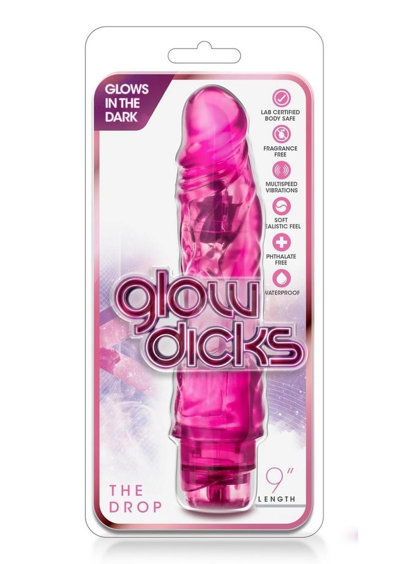 Glow Dicks The Drop Glow In The Dark Realistic Vibrator Waterproof Pink 8.5 Inch