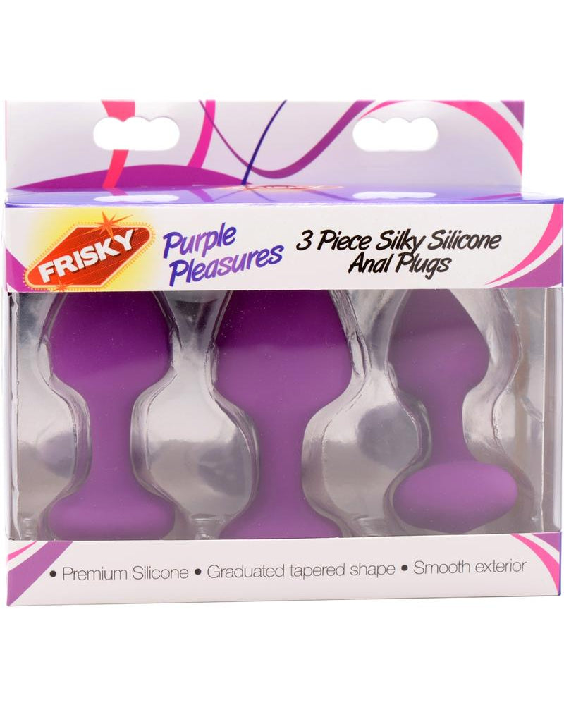 Tapones anales de silicona sedosa Frisky Purple Pleasures, 3 tamaños por juego