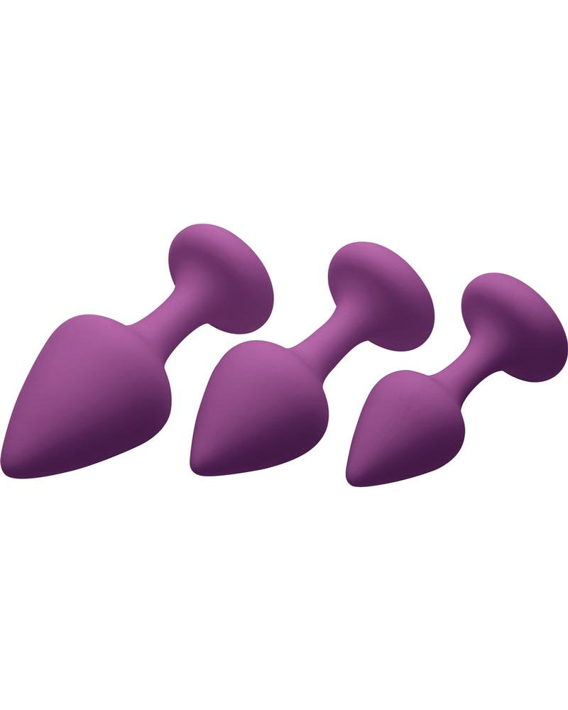 Tapones anales de silicona sedosa Frisky Purple Pleasures, 3 tamaños por juego