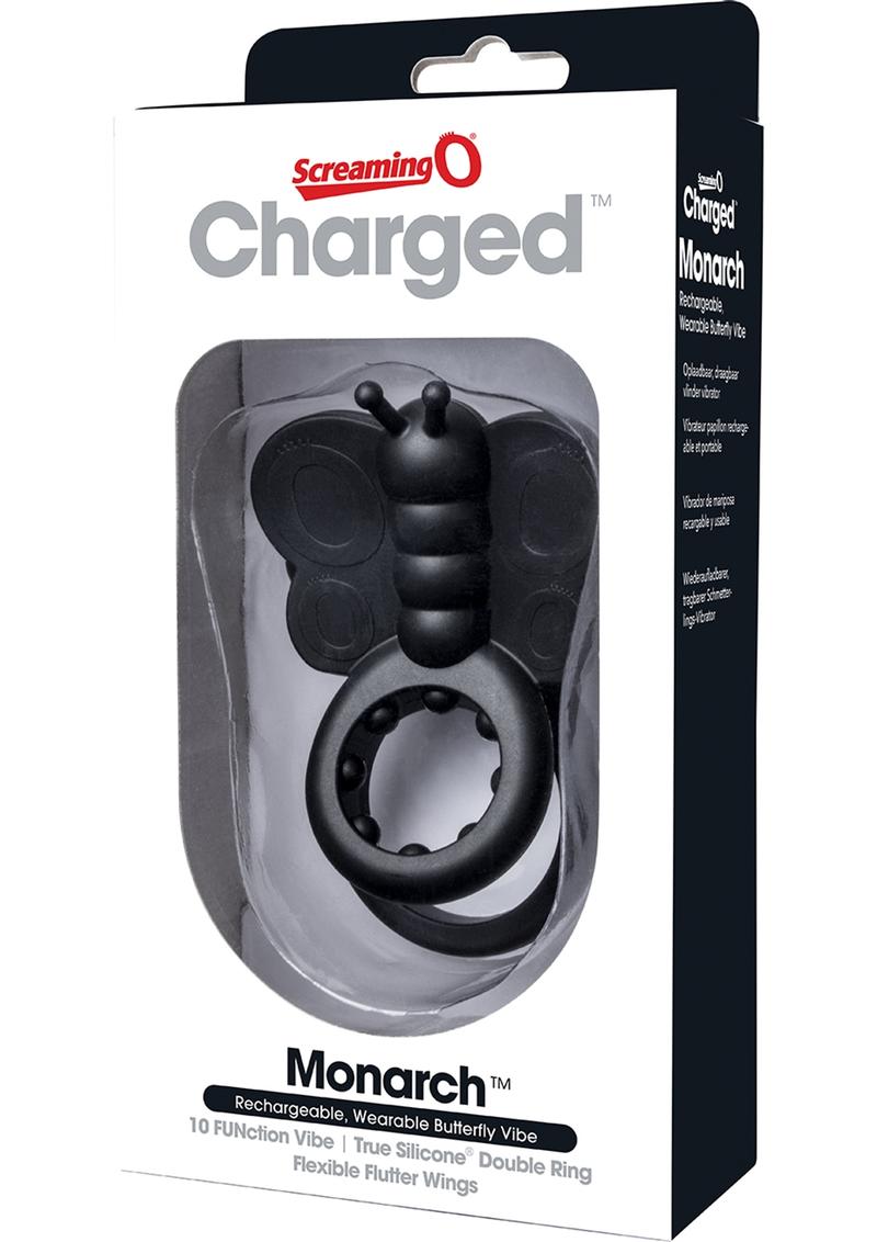 Charged Monarch USB Rechargeable Buterfly Vibe Silicone Cock Ring Waterproof Black