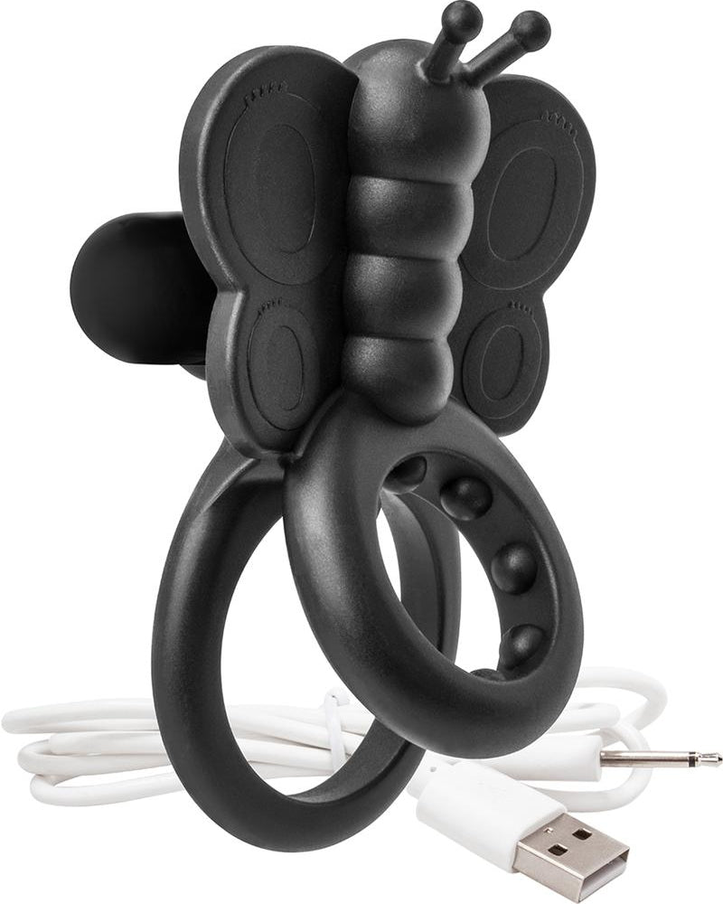 Charged Monarch USB Rechargeable Buterfly Vibe Silicone Cock Ring Waterproof Black