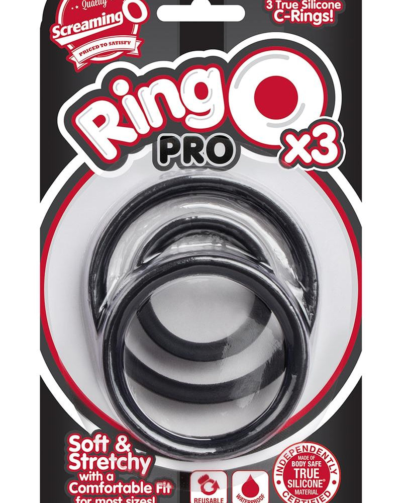 Juego de anillos de silicona para el pene Ringo Pro X3, resistente al agua, color negro, paquete de 3 piezas