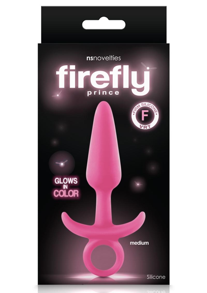 Tapón anal de silicona firme que brilla en la oscuridad Firefly Prince, tamaño mediano, color rosa, 5 pulgadas