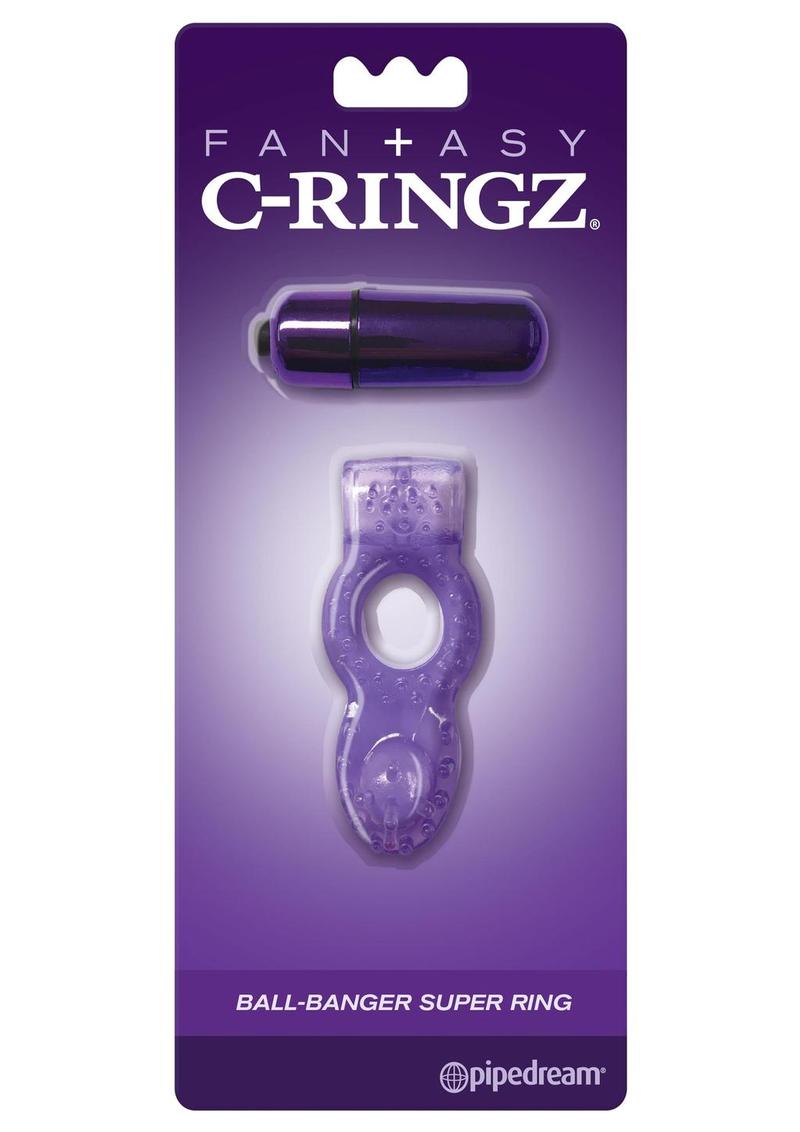 Anillos fantasía con forma de C - Anillo vibrador texturizado con tope para testículos, resistente al agua - Negro/Morado