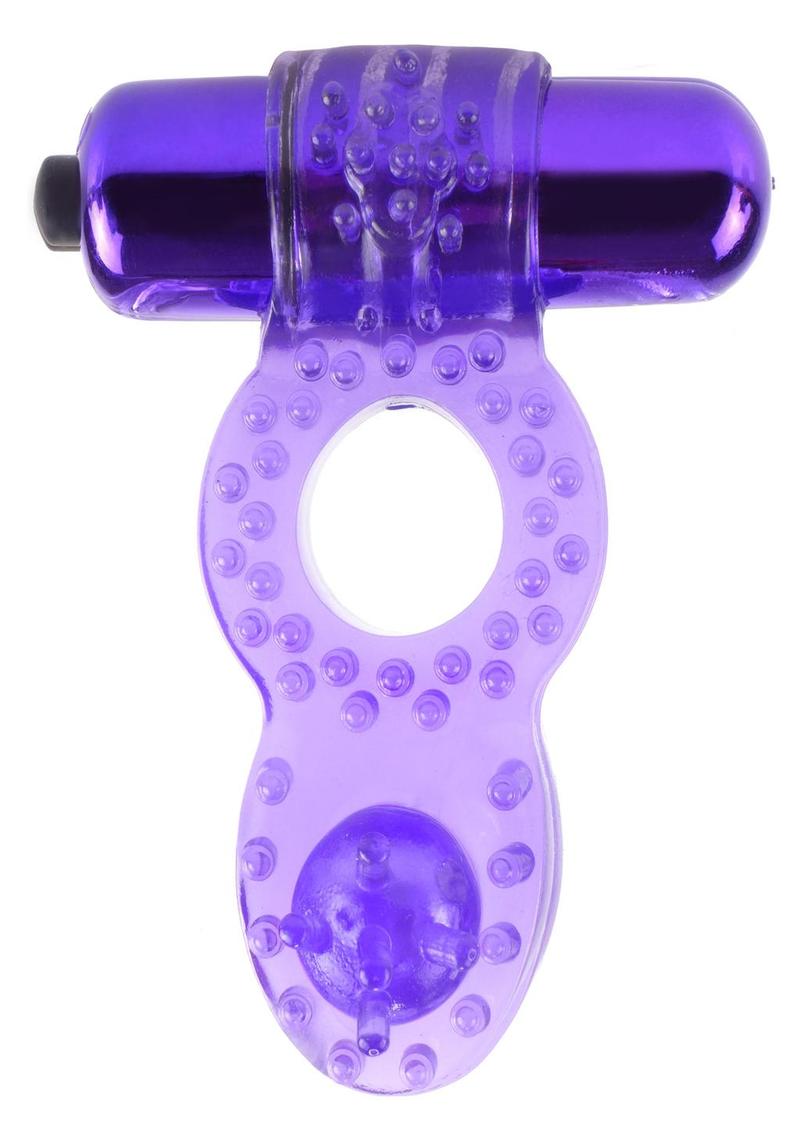 Anillos fantasía con forma de C - Anillo vibrador texturizado con tope para testículos, resistente al agua - Negro/Morado