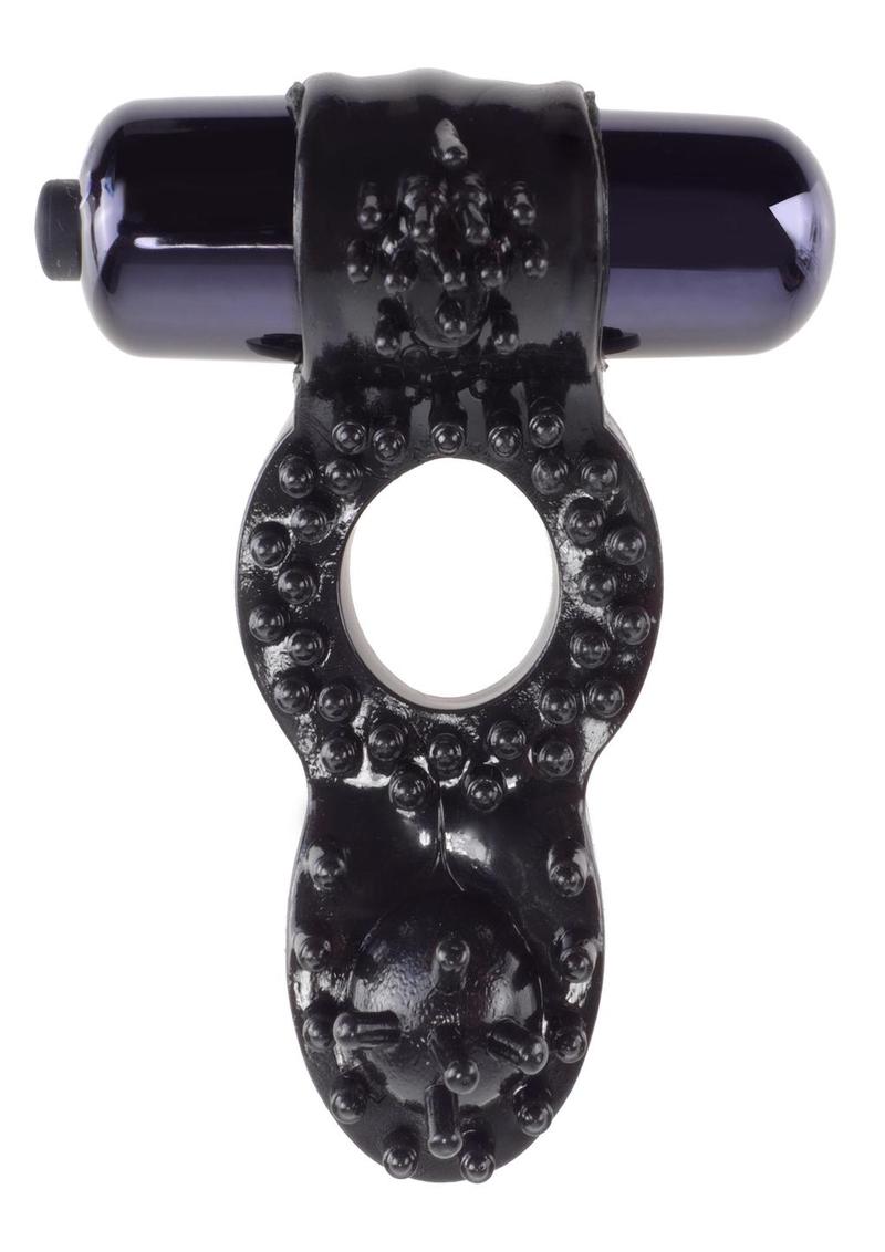 Anillos fantasía con forma de C - Anillo vibrador texturizado con tope para testículos, resistente al agua - Negro/Morado