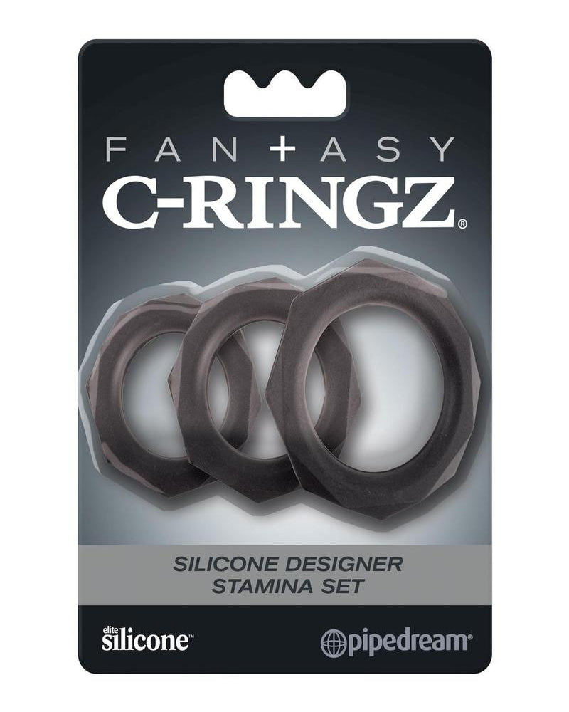 Juego de anillos para el pene Fantasy C-Ringz de silicona de diseño Stamina, color negro, 3 tamaños variados por juego