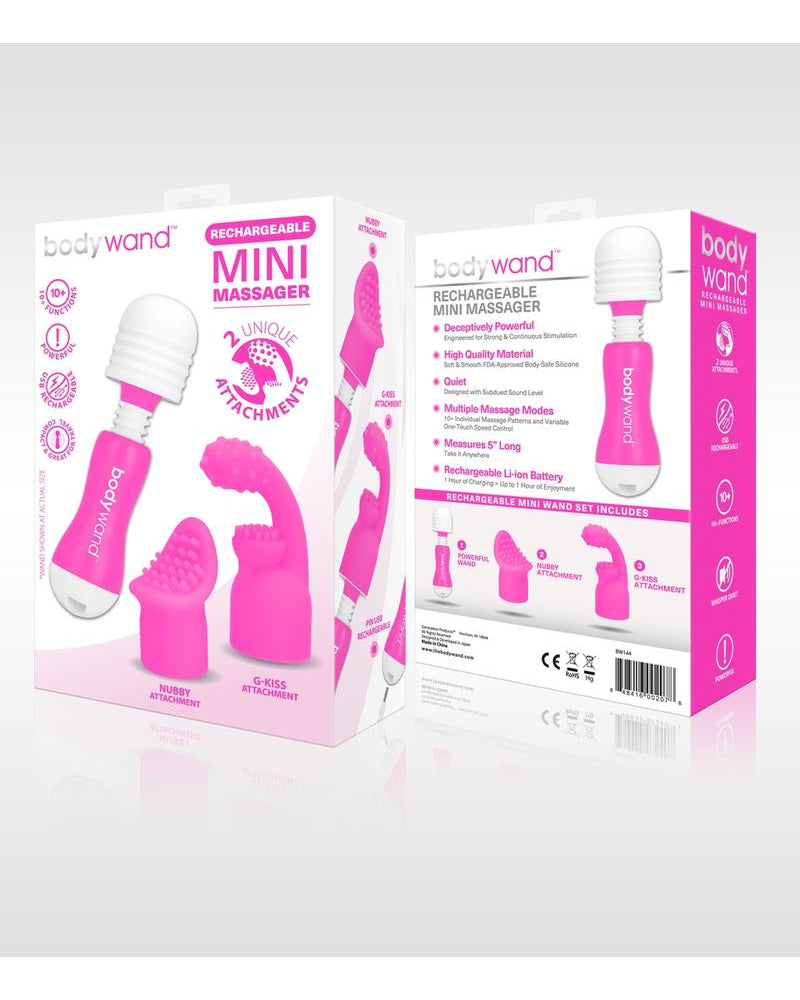 Mini masajeador recargable Bodywand de silicona con dos accesorios, color rosa