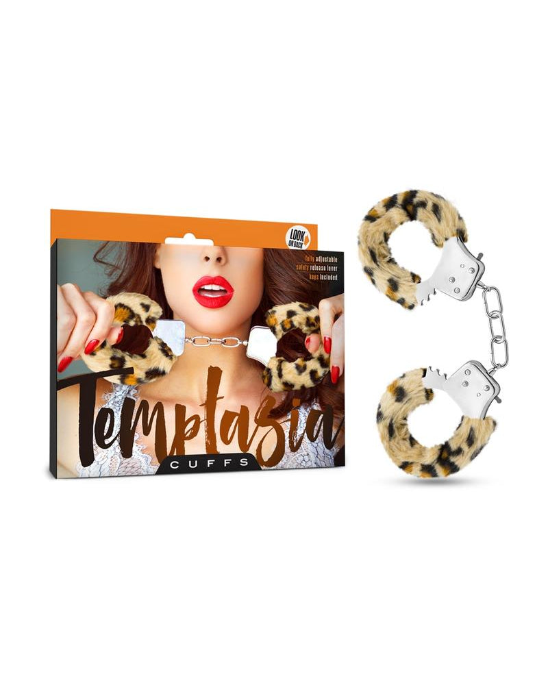 Esposas ajustables de piel sintética Temptasia con llaves y estampado de leopardo