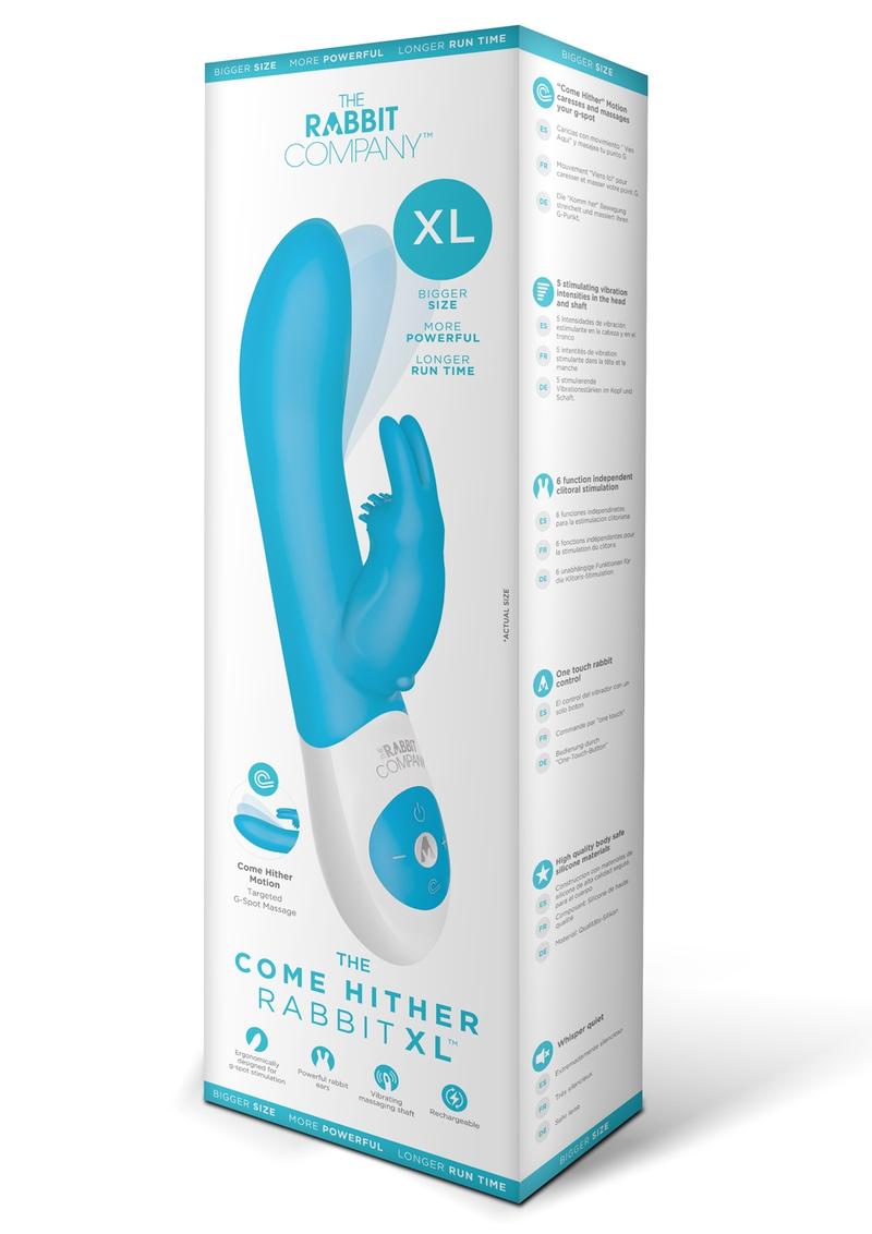 Vibrador de silicona Come Hither Rabbit XL de The Rabbit Company, color azul