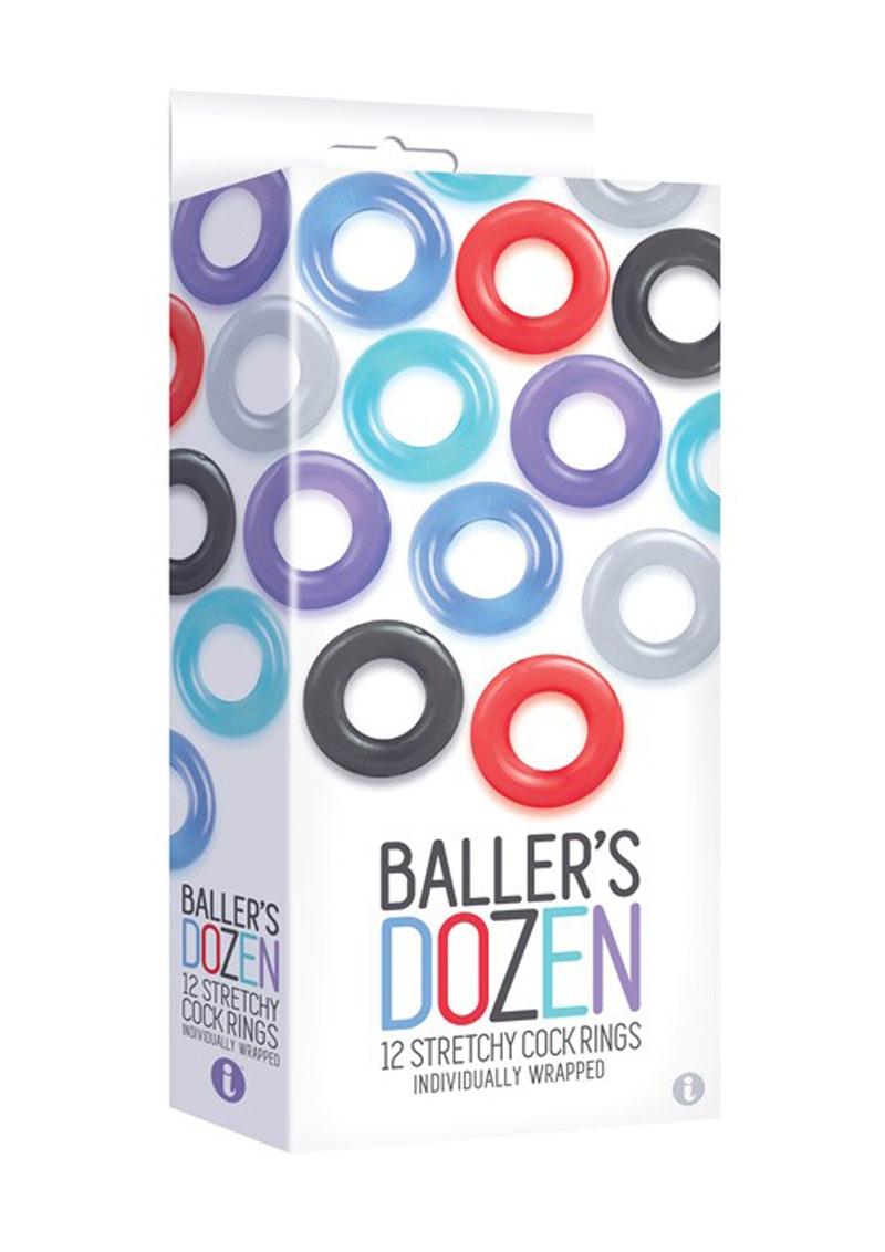 The 9's Baller`s Dozen Cock Rings Assorted Colors 12 Individually Wrapped Per Box
