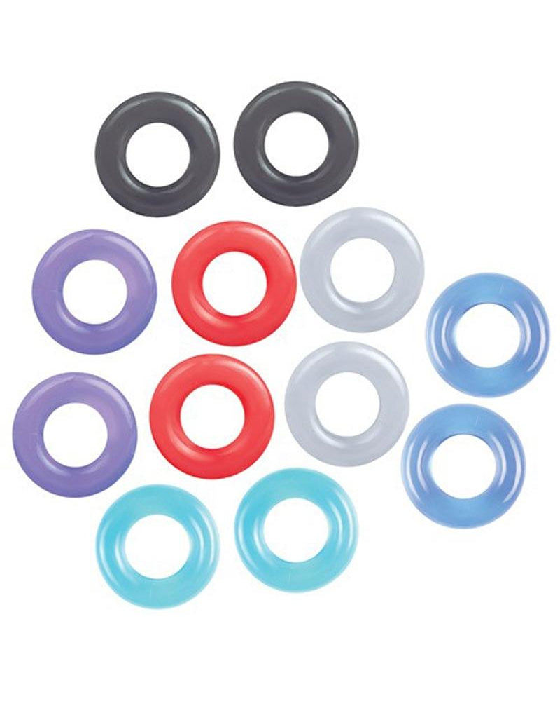 Anillos para el pene The 9's Baller`s Dozen, colores surtidos, 12 envueltos individualmente por caja