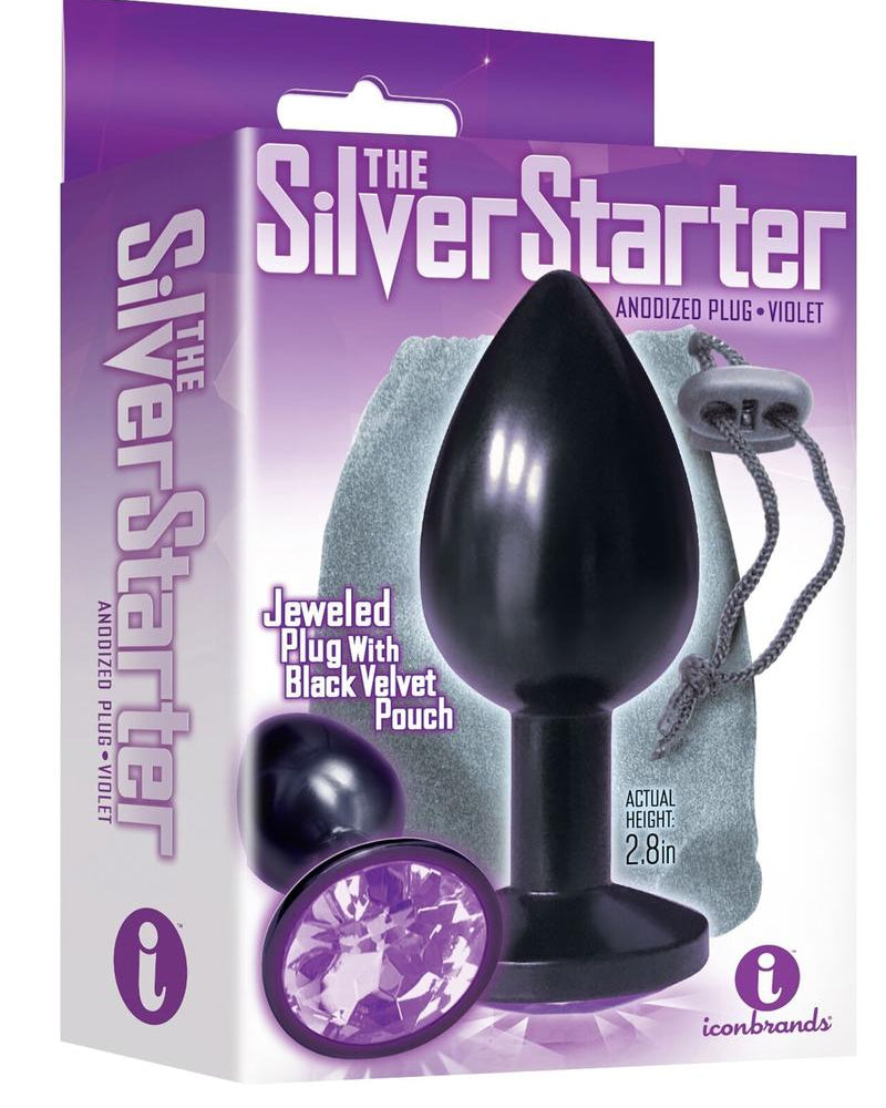 Plug redondo con joyas de plata de ley de 2,8 pulgadas en acero inoxidable negro y violeta