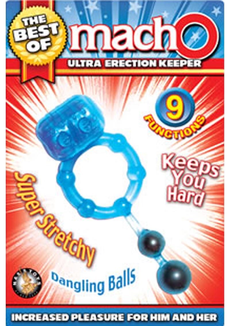 The Best Of Macho Ultra Erection Keeper Vibrating Silicone Cock Ring W/Dangling Balls Waterproof Blue