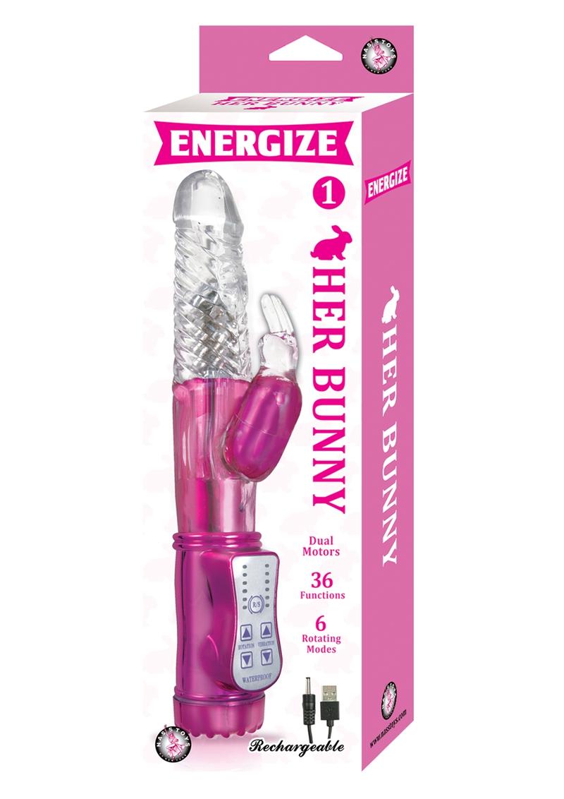 Energize Her Bunny 01 Vibrador con conejo giratorio de doble motor recargable por USB, resistente al agua, color rosa, 9 pulgadas