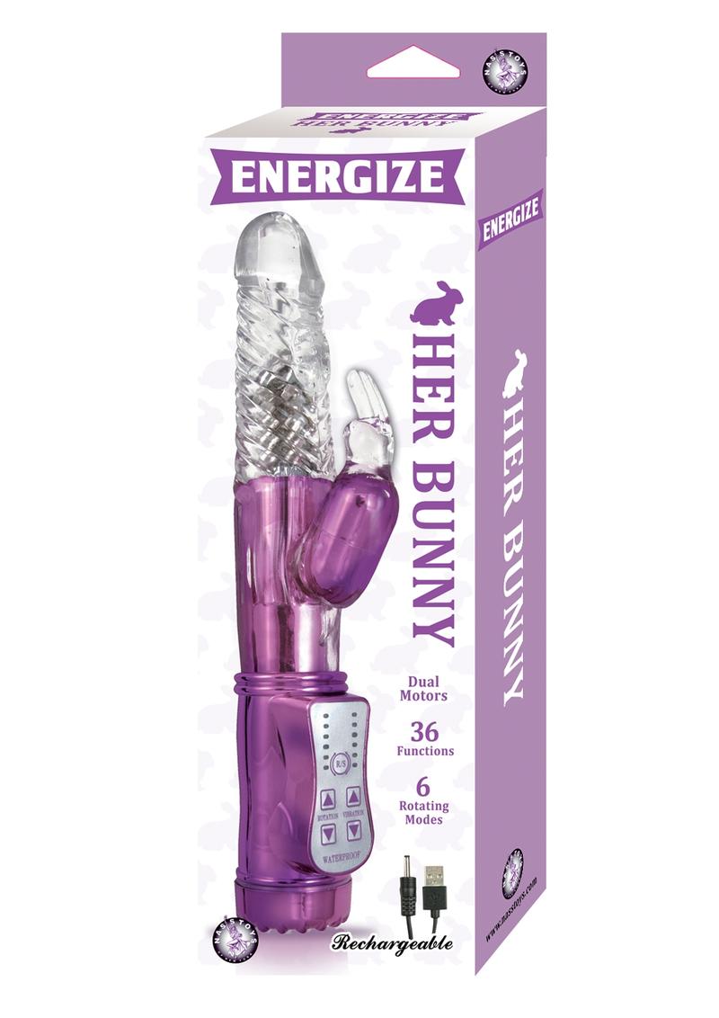 Energize Her Bunny 01 Vibrador con conejo giratorio de doble motor recargable por USB, resistente al agua, morado, 9 pulgadas
