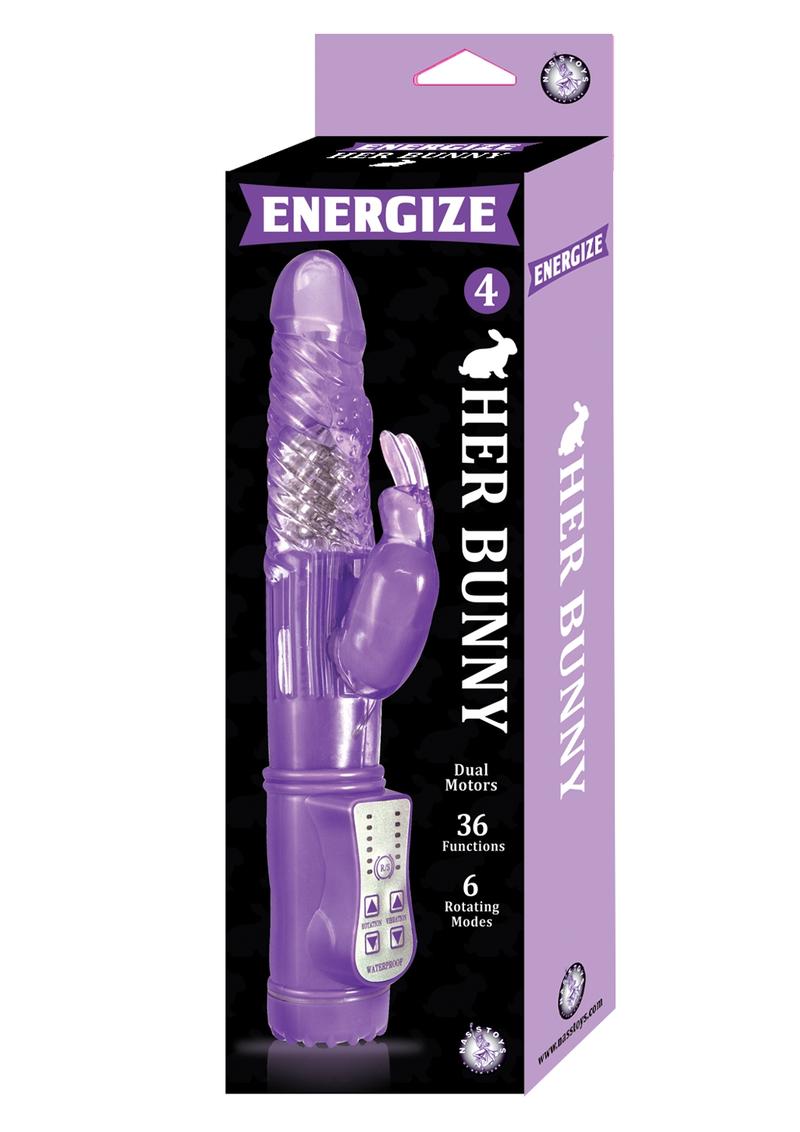 Energize Her Bunny 04 Vibrador de conejo giratorio con motor dual, resistente al agua, morado, 9 pulgadas