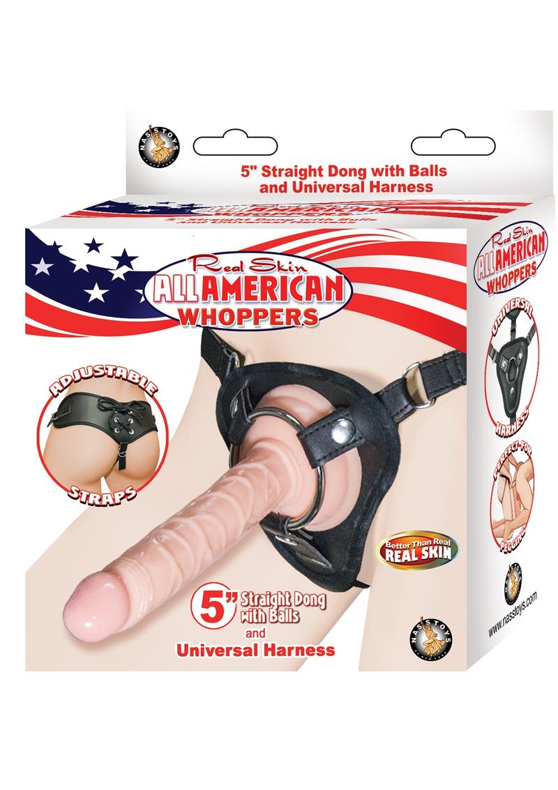 All American Whopper - Realskin Straight Dong and Universal Harness Waterproof - Flesh