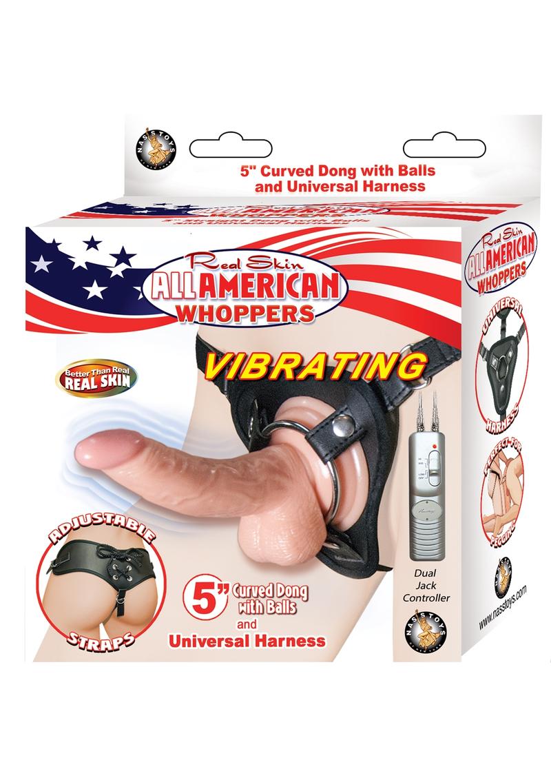 All American Whopper - Vibrating Curved Dong With Balls and Universal Harness - Flesh