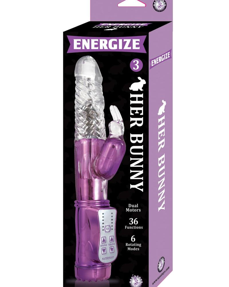 Vibrador Energize Her Bunny 3 resistente al agua, morado, 9 pulgadas