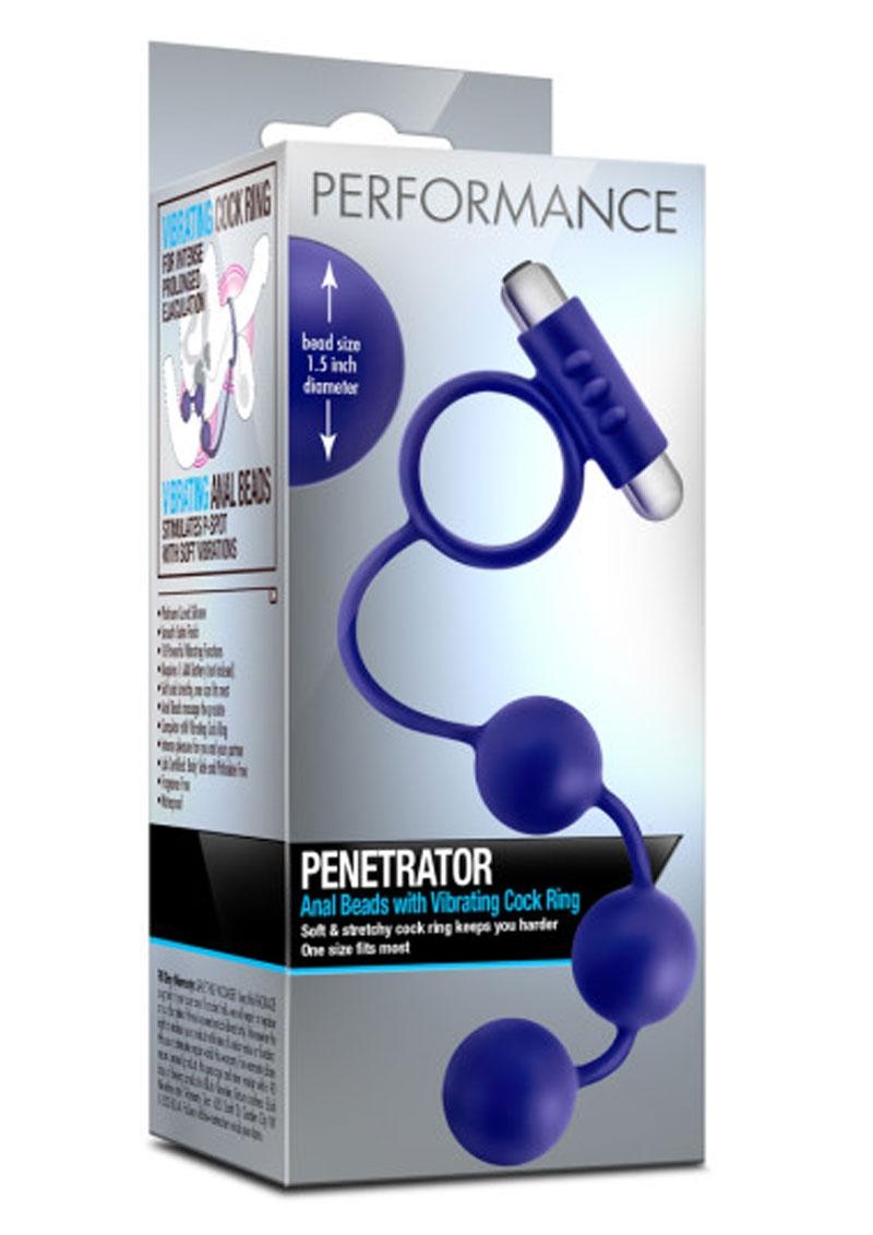 Performance Penetrator Silicone Anal Beads With Cock Ring Waterproof Blue 13 Inch