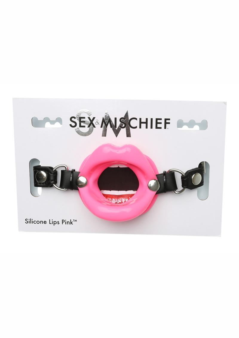 Mordaza de silicona con labios y boca abierta de Sex And Mischief, color rosa