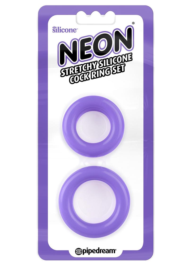 Neon Stretchy Silicone Cock Ring Set Purple 2 Each Per Set