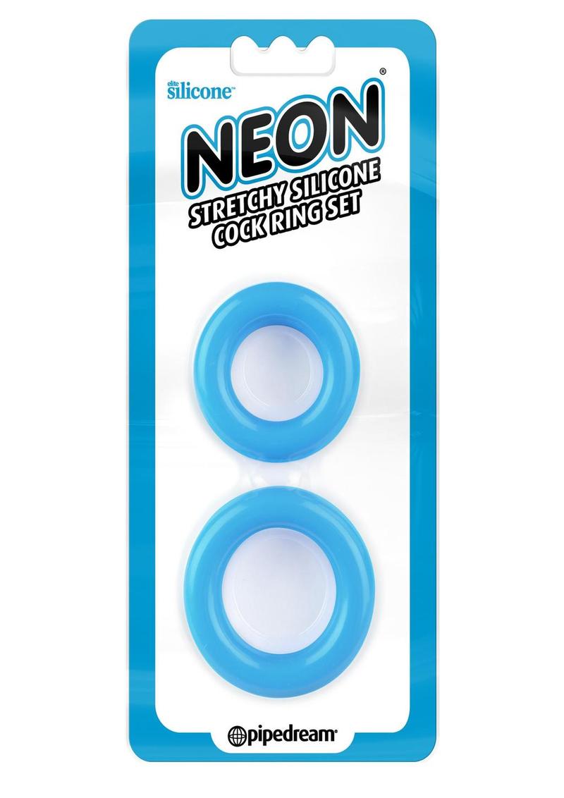 Neon Stretchy Silicone Cock Ring Set Blue 2 Each Per Set