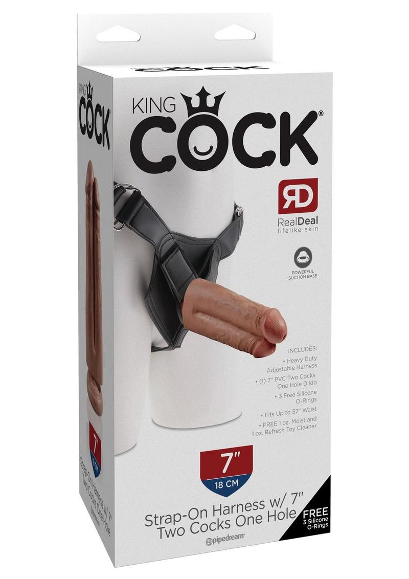 King Cock Strap-On Harness With Two Cocks One Hole Dildo Tan 7 Inch