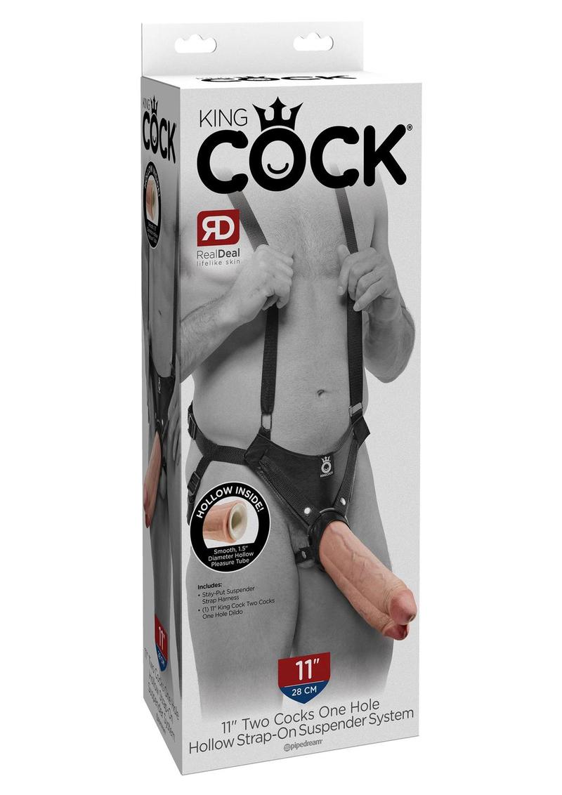 King Cock Two Cocks One Hole Hollow Strap-On Suspender System Adjustable Straps With Hollow Double Dong Flesh 11 Inch