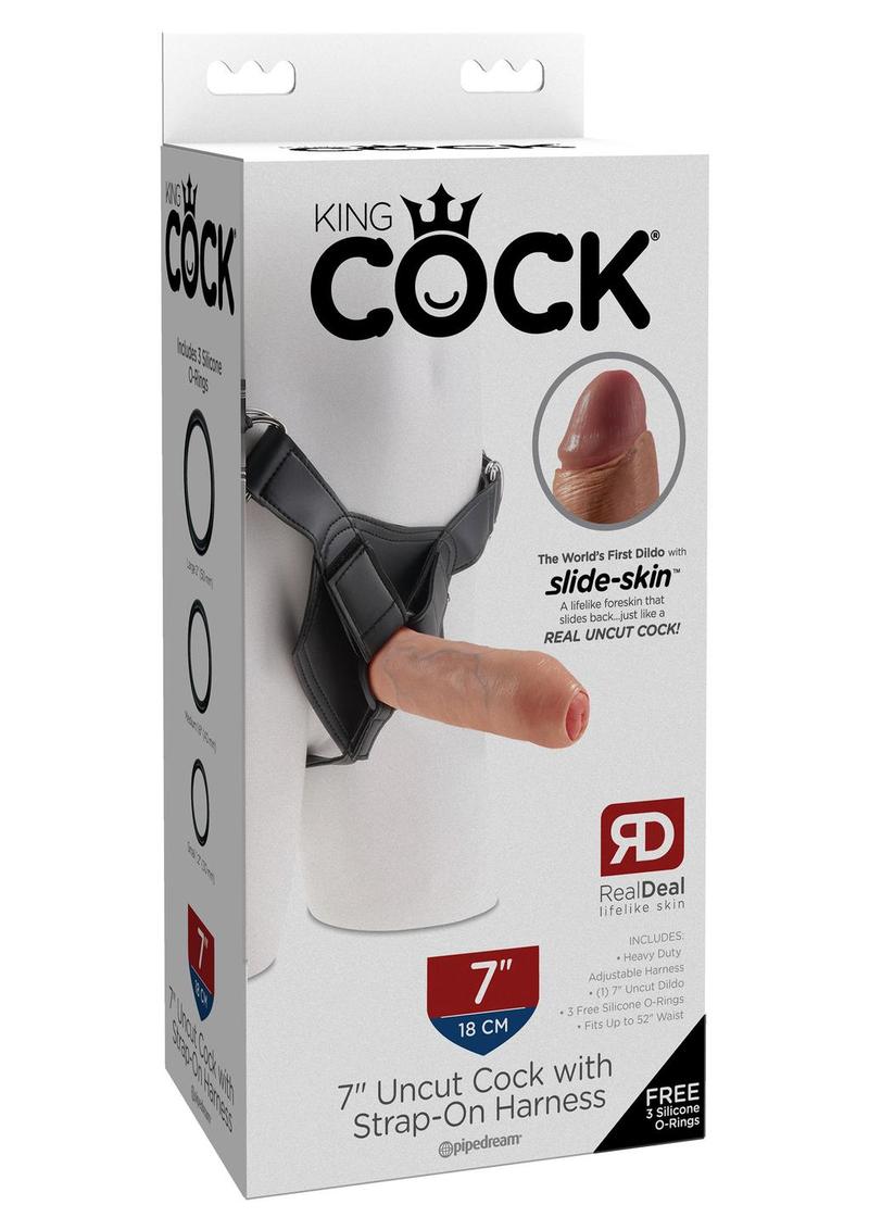 King Cock Uncut Cock Dildo With Strap On Harness Flesh 7 Inch