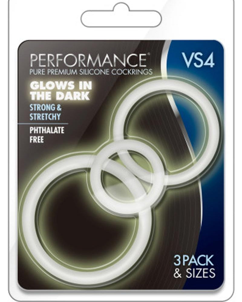 Performance VS4 Pure Premium Silicone Waterproof Cockring 3 Piece Set Glow In The Dark