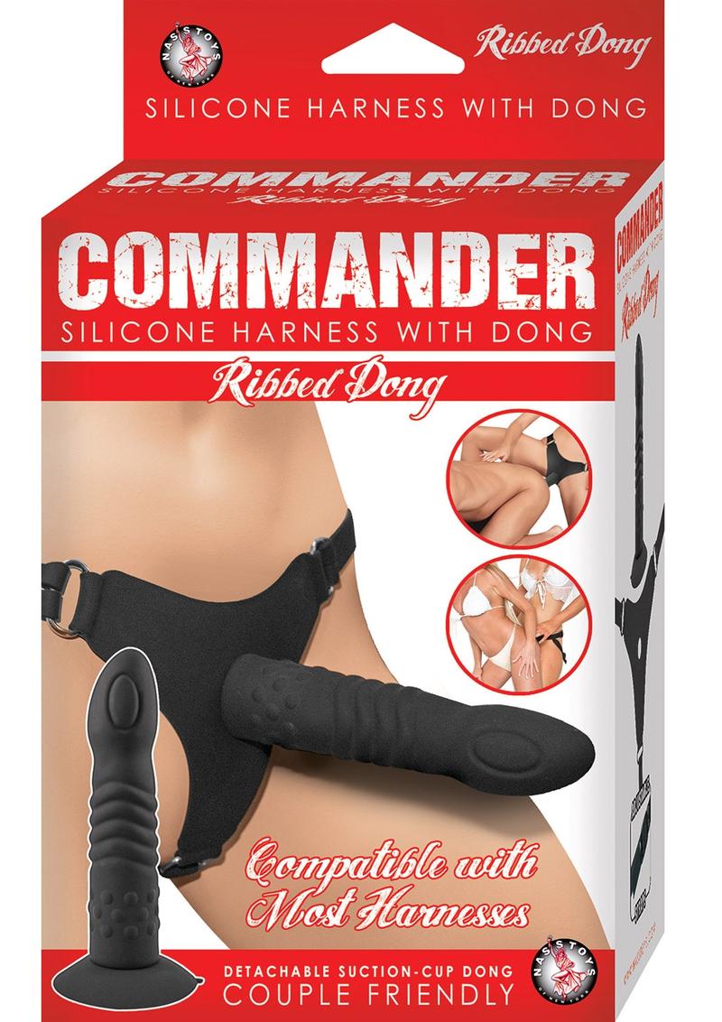 Commander Silicone Harness With Ribbed Dong Black 6.5 Inch