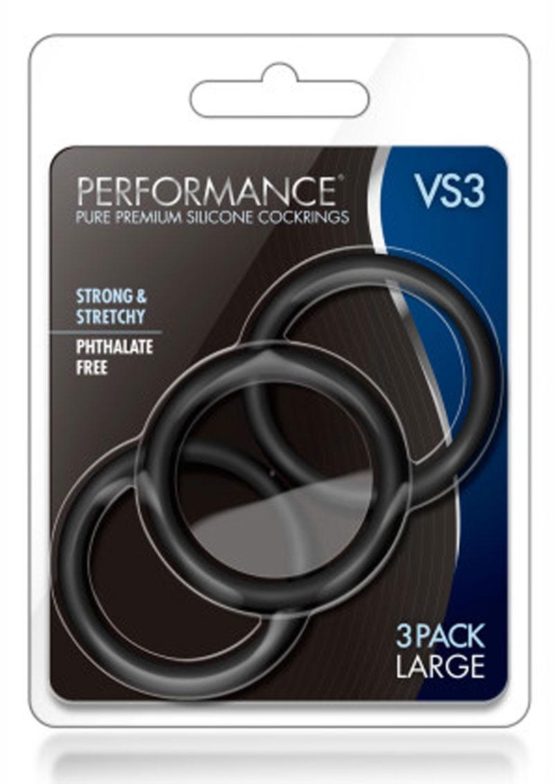 Anillo para el pene de silicona Performance VS3, color negro, paquete de 3 unidades, tamaño grande