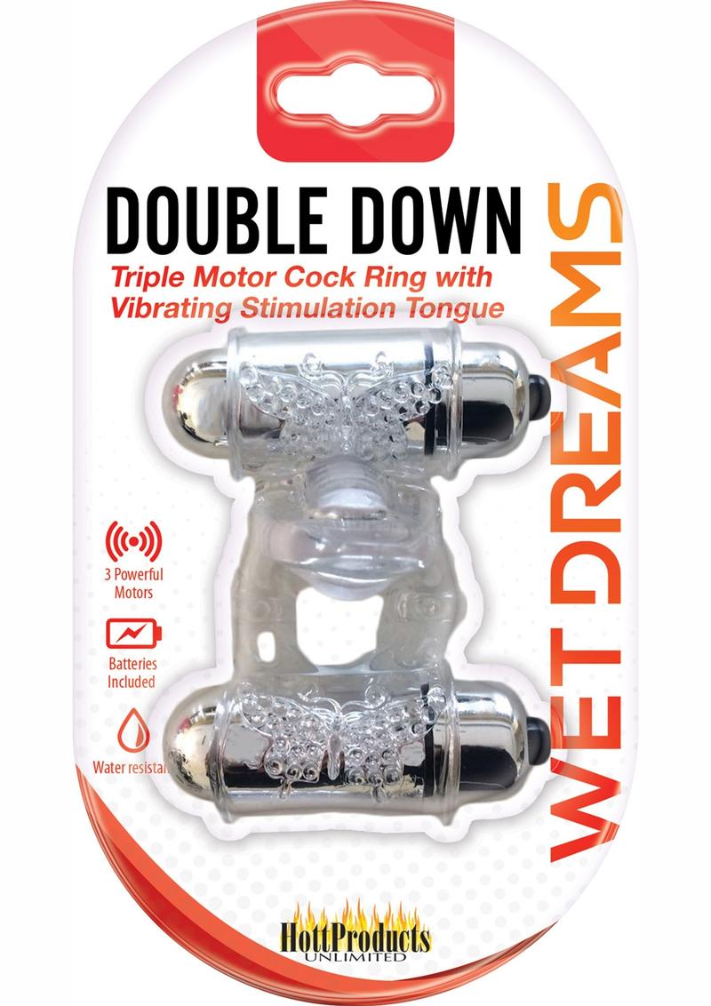 Anillo para el pene con triple motor y lengua vibrante y estimulante Wet Dreams Double Down, resistente al agua y transparente