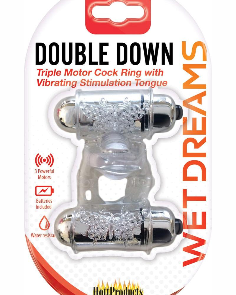 Wet Dreams Double Down Triple Motor Cockring With Vibrating Stimulating Tongue Waterproof Clear