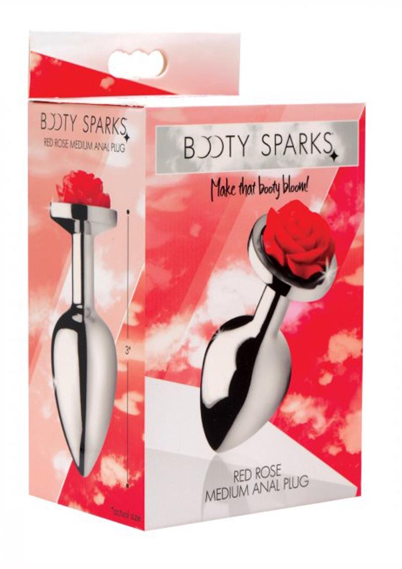 Plug anal mediano Booty Sparks Red Rose de 2,5 pulgadas, plateado y rojo