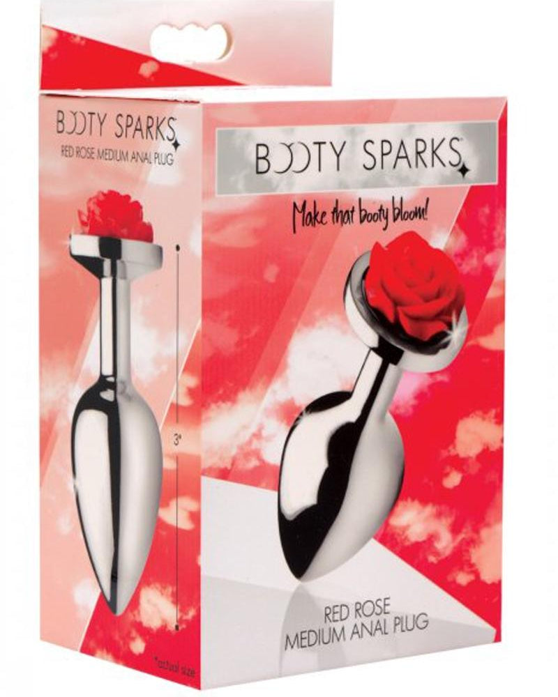 Booty Sparks Red Rose Medium Anal Plug Silver and Red 2.5 Inches