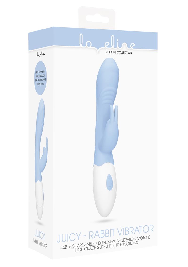 Vibrador Loveline Juicy Rabbit de silicona recargable resistente al agua azul claro