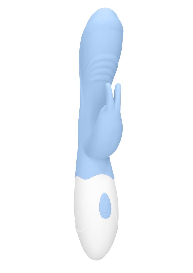 Vibrador Loveline Juicy Rabbit de silicona recargable resistente al agua azul claro