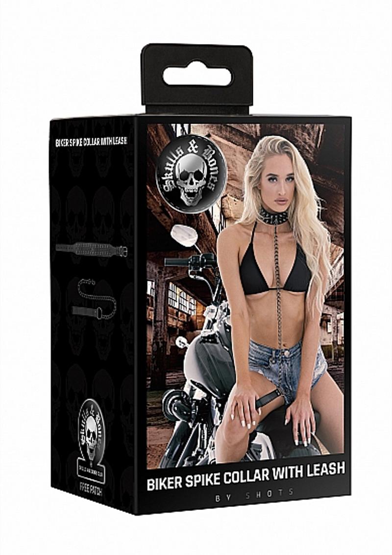 Ouch! Skulls And Bones Biker Spike Collar With Leash Leather Black