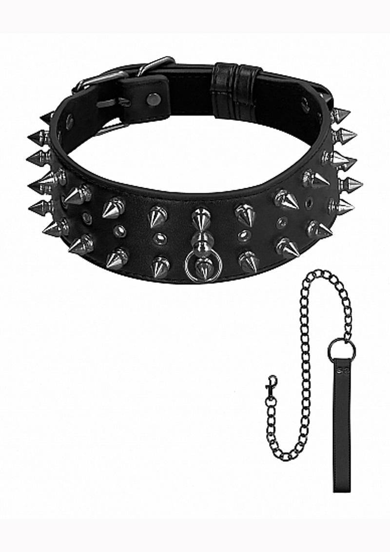 Ouch! Skulls And Bones Biker Spike Collar With Leash Leather Black