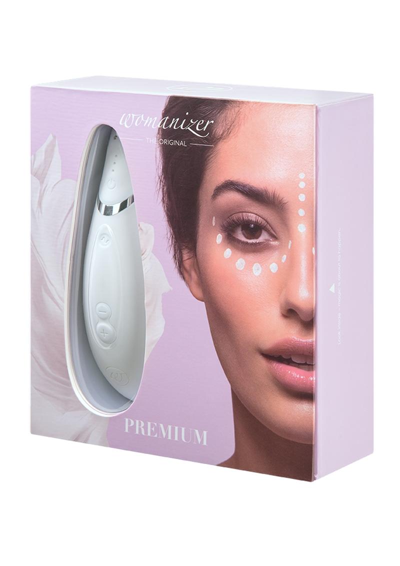 Estimulador de clítoris Womanizer Premium de silicona, recargable, resistente al agua, color blanco y cromado