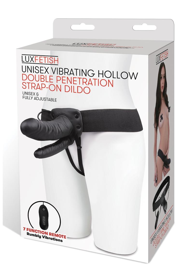 Lux Fetish Unisex Vibrating Hollow Double Penetration Strap-On Dildo With Wired Remote Control Black 9 Inch