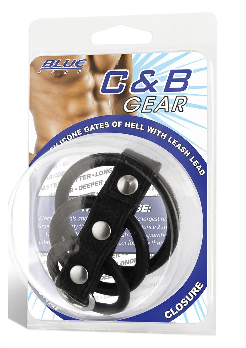 Blue Line C and B Gear 3 Ring Silicone Gates Of Hell With Leash Lead Black